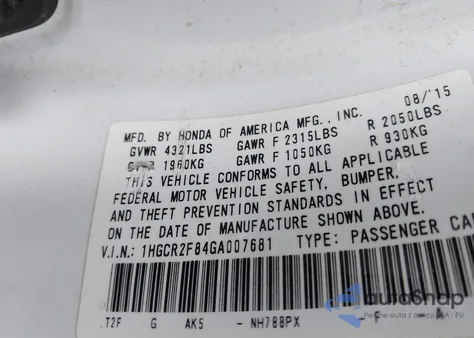 2016 Honda Accord Ex-L from USA, damaged, VIN 1HGCR2F84GA007681